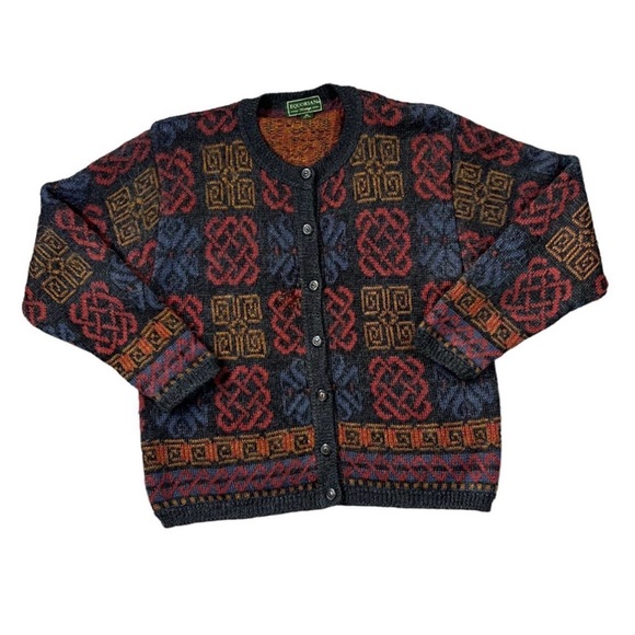 Vintage 90's EQUORIAN HERITAGE Grandad Patterned Mohair Knit Button Cardigan - Picture 1 of 8
